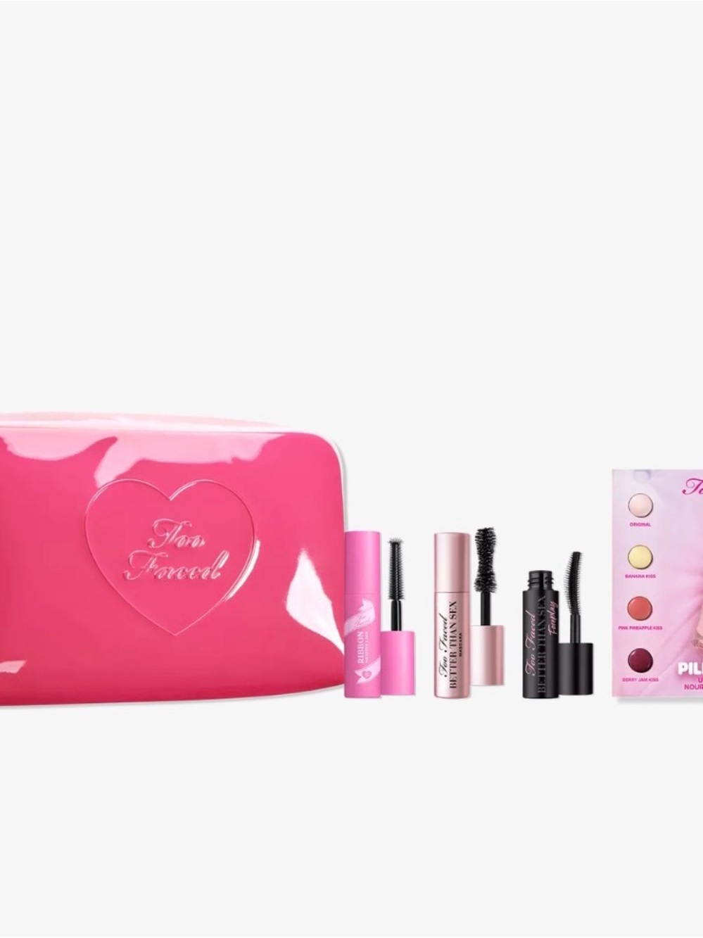 Too Faced Hot Pink Makeup Bag with Pink & Black Mascaras